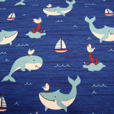 Baumwolljersey Wale&Segelschiffe auf jeansblau–Maritimer Kinderstoff Meterware Jersey Stoffe ökotex100 nähen