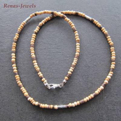 Männerkette Holzkette braun beige silberfarben Herren Kette Holzperlen Männer Kette