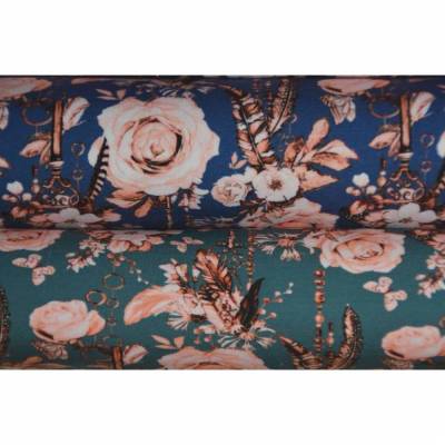 Jersey mit Rosen Federn Schlüssel 50 x 150 cm Nähen Stoff grau dunkelblau