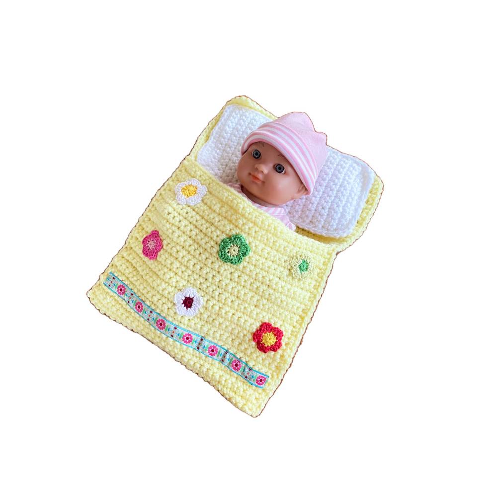 Puppenbettchen - Schlafsack fr Puppen ca. 20 cm mit Hkelblumen
