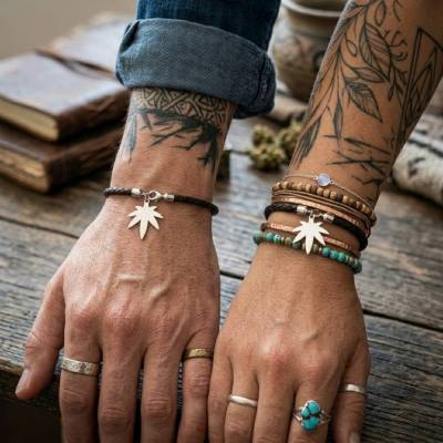 Unisex Lederarmband mit Hanfblatt – Edelstahl, geflochten, 420 Style