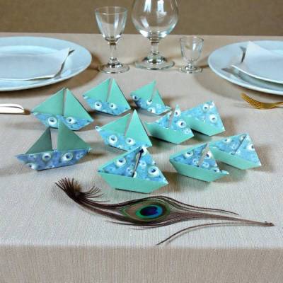 Origami Segelboote Tischdeko Pfau Feder Blau Grün – Für Konfirmation, Taufe & Hochzeit (10 Stück)
