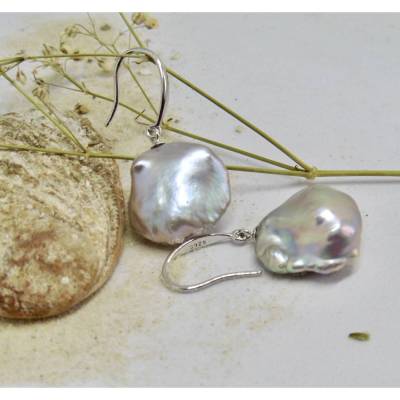 Silberne Ohrhänger mit grauen Keshi-Münzperlen aus Süßwasser, Sterling Silber