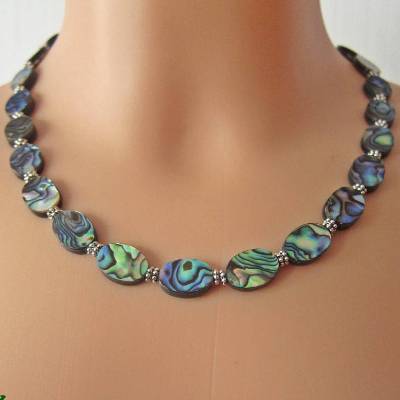 Perlmuttkette kurz Abalone Paua Muschel Seeopal Perlmutt Kette oval Regenbogenfarben silberfarben