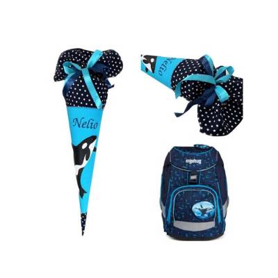 Schultüte "Orca", Zuckertüte Wal, passend zu Ergobag TiefseetauchBär, mit Namen bestickt, Schultüte Stoff, für 7