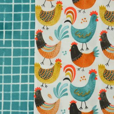 Baumwollstoff Hilco Emilie mit Hühner und Kombistoff 50 cm x 150 cm