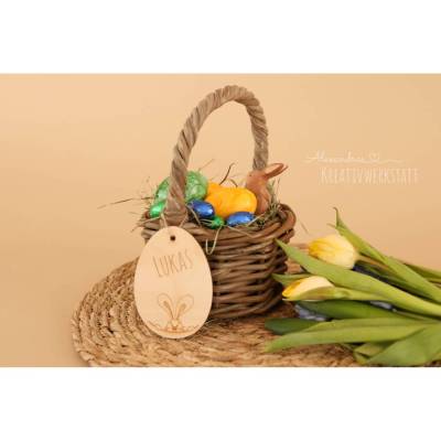 Osterkorb, Osterkörbchen, Osternest, personalisiert Geschenkidee, Korb mit Namensschild, Osterdeko, Holzanhänger