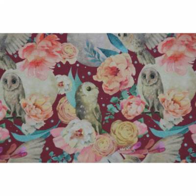 Sweat weinrot mit Eulen und Rosen 50 x 150 cm French Terry