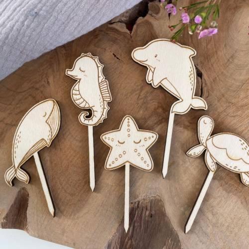 Caketopper Unterwasserwelt Set 2 Kindergeburtstag / Meerestiere Wal Seepferdchen Seestern Schildkröte / Kuchenstecker Ca