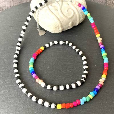 Schmuckset,  kurze Perlenkette und Armband, Roncailles