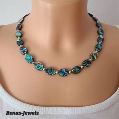 Perlmuttkette kurz Abalone Paua Muschel Seeopal Perlmutt Kette oval Regenbogenfarben silberfarben