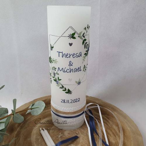 Hochzeitskerze Rustik weiß mit Teelichteinsatz - Geometric Wedding - Silber-Blau metallic