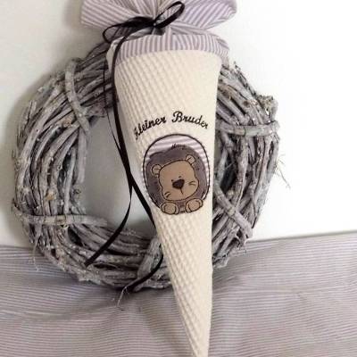 Geschwistertüte kleine Schultüte personalisierbar Kindergartentüte Waffelpique in beige Kitatüte Waffelstoff Löwe