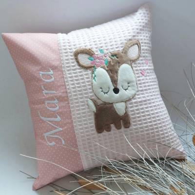 Namenskissen personalisierbar mit süßem Reh boho Namenskissen mit Geburtsdaten als Geschenk zur Geburt Baby Taufe