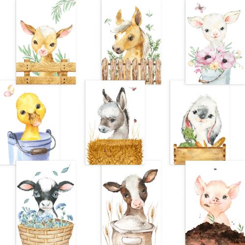 9er FarmTier Poster-Set fürs Kinderzimmer I Fohlen, Ferkel, Kalb, Entenküken uvm. als süße Babyzimmer Deko