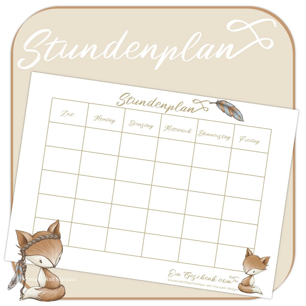 FREEBIE - GESCHENK  | Stundenplan  | Fuchs Waldtier | A4 zum selbst drucken | PDF Datei Bild 1