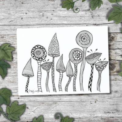 "Crazy Flowers " handgemalte Tuschezeichnungen im blumigen Design, schwarz/weiss, für stilvolle Wanddekoration
