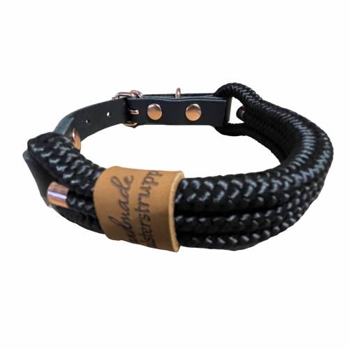 Hundehalsband aus Tau, alle Größen, verstellbar, schwarz, rosegold, Verschluss mit Leder und Schnalle