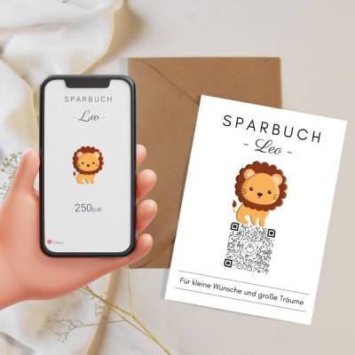 Personalisiertes Geldgeschenk | Virtuelles Sparbuch | QrCode Geschenkkarte | Löwe