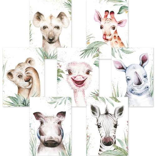 7er Poster Set mit süßen Baby Tieren Afrikas | Baby Löwe, Zebra, Giraffe und co. | DIN A4 | ohne Rahmen | CreativeRobin