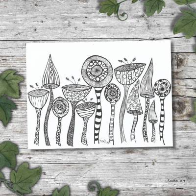 Elegante handgezeichnete Crazy Flowers, mit Fineliner auf Künstlerpapier, ungerahmtes Schwarz-Weiss im unverwechselbaren