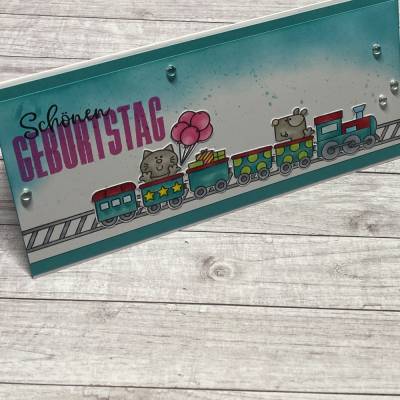 Grußkarten / Glückwunschkarten zum Geburtstag, „Eisenbahn mit Hund, Katze und Geschenken“, Kinder, Geburtstagskarte