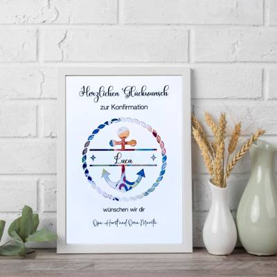 Personalisiertes Geldgeschenk zur Konfirmation, Kommunion & Jugendweihe | A4 mit Anker-Motiv & Rahmen