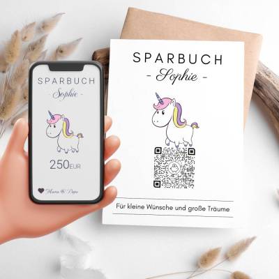 Geldgeschenk für Kinder | Digitales Sparbuch | QrCode Geschenkkarte | Einhorn