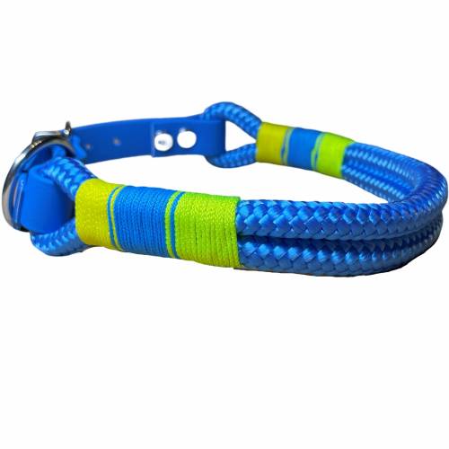 Hundehalsband, Tauhalsband, blau, gelb, neongrün, Marke AlsterStruppi, mit Biothane (US-Patent) und Schnalle verstellbar