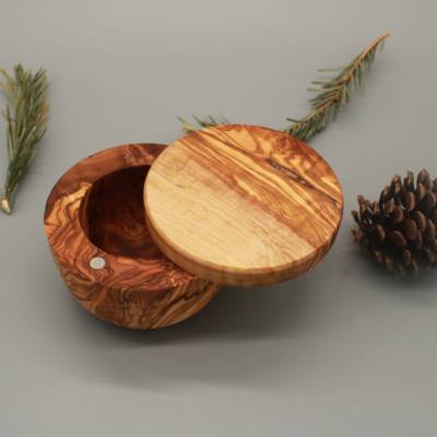 Salzbehälter aus Olivenholz / Salzkeller mit Magnetdeckel / Ø ca. 10 cm / Handmade