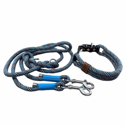 Leine Halsband Set, Tau 6, 8 oder 10 mm, verstellbar, grau, schwarz, blau, weiß, silber, mit Leder pink und Schnalle