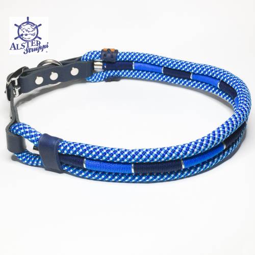 Hundehalsband, Tauhalsband maritim, Länge nach Wunsch, Marke AlsterStruppi marine mittelblau silber mit Leder verstellba