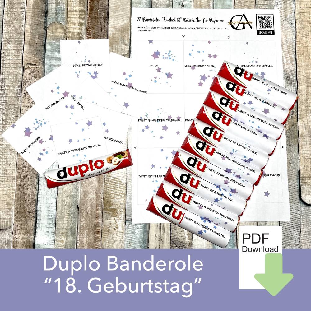 Duplo Banderolen zum 18. Geburtstag für Tochter, Sohn oder Freundin, ideal auch als schöne Tischdeko – Duplo Verpackung als PDF Datei zum ausdrucken Bild 1