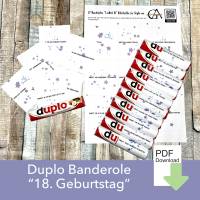 Duplo Banderolen zum 18. Geburtstag für Tochter, Sohn oder Freundin, ideal auch als schöne Tischdeko – Duplo Verpackung als PDF Datei zum ausdrucken
