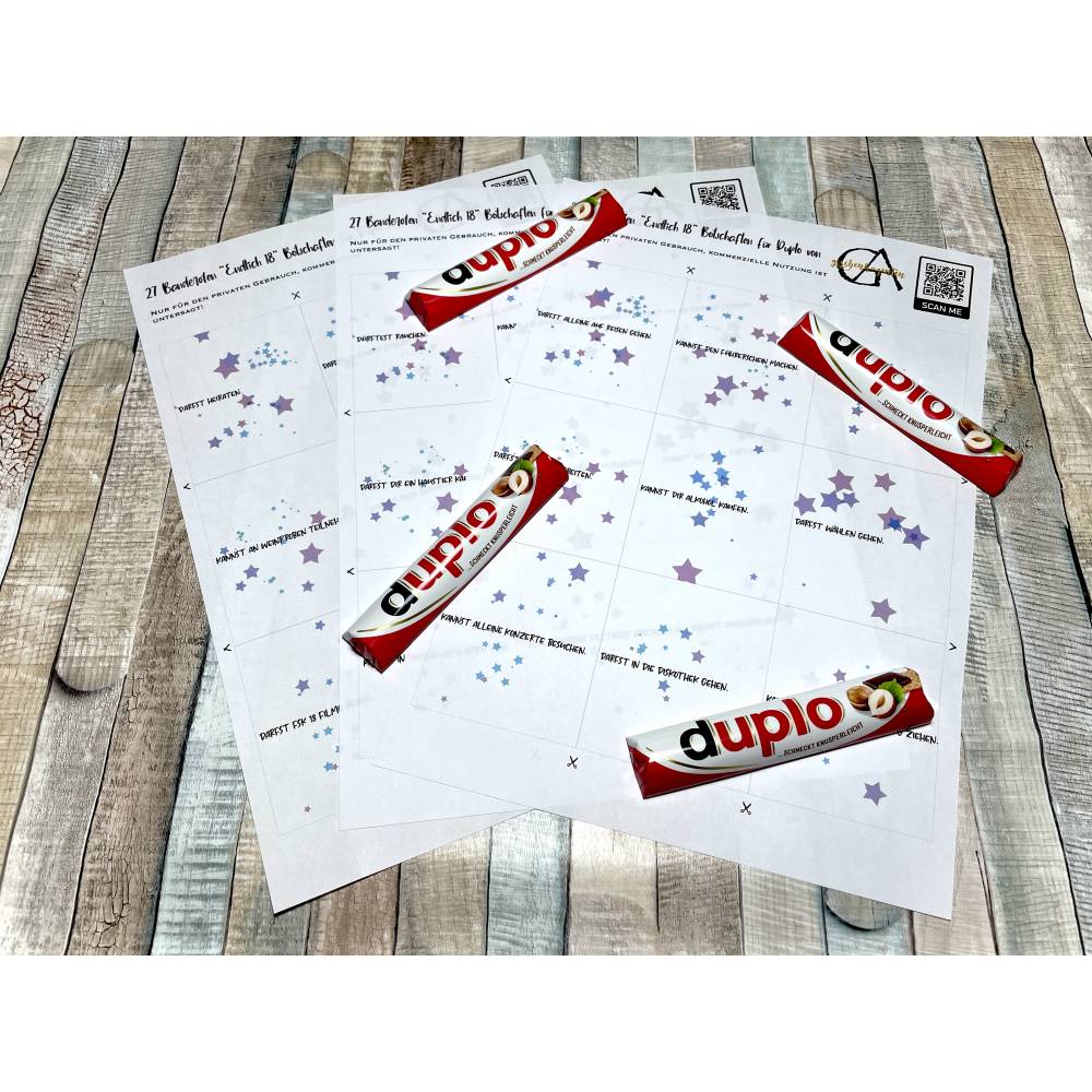 Duplo Banderolen zum 18. Geburtstag für Tochter, Sohn oder Freundin, ideal auch als schöne Tischdeko – Duplo Verpackung als PDF Datei zum ausdrucken Bild 4