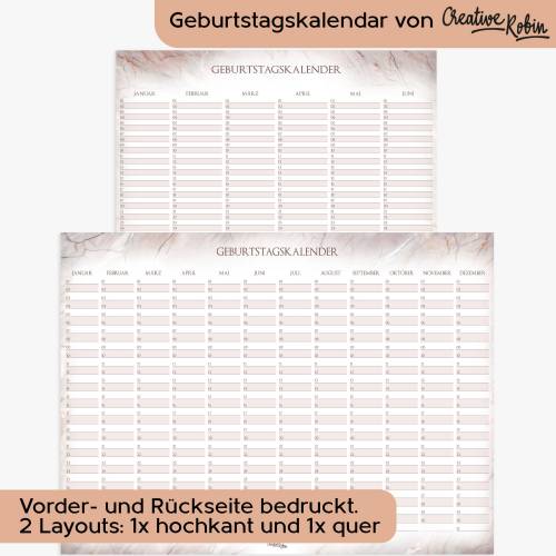 Geburtstagskalender immerwährend im Marmor Stil I Jahresunabhängiger Wandkalender I DIN A3 Dauerkalender I CreativeRobin