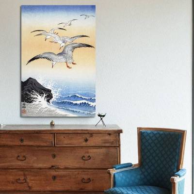 Leinwandbild Möwen über dem Meer – Japanische Kunst von Ohara Koson, Vintage Wandbild in Blau-Weiß
