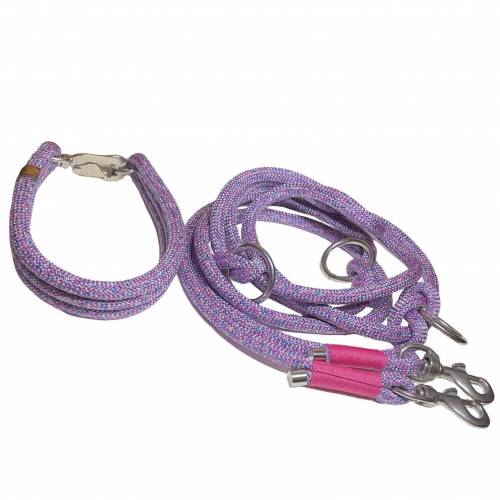 Hundeleine und Halsband Set, aus recyceltem Material rPET, verstellbare Leine, lila, pink, weiß, mit Edelstahl Karabiner
