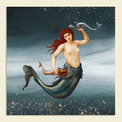 Leinwandbild Collage Meerjungfrau Nixe mit Fischen im Wasser - Wandbild für Badezimmer WC Vintage Bilder Unterwasser