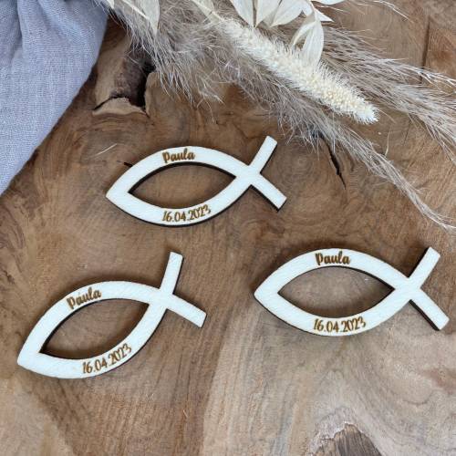 Streudeko Fische Taufe, Kommunion, Konfirmation / Tischdekoration Holz zum Streuen personalisiert mit Namen und Datum