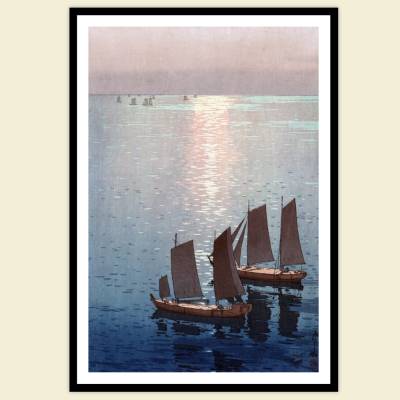 Japanische Kunst - Schiffe Segelboote auf dem Meer Sonnenuntergang -  Kunstdruck Poster  -  Vintage Bild - Holzschnitt