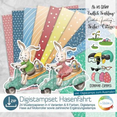 Digistampset Hasenfahrt, Digitale Papiere und Stempel für Ostern, Ostereier, Hase auf Roller, individualisierbar