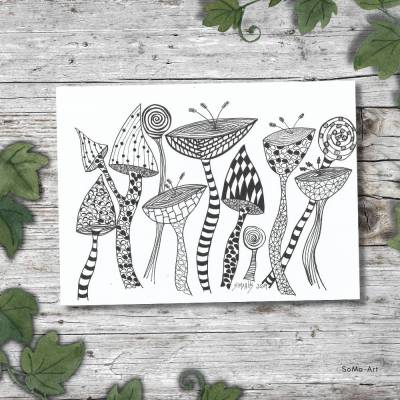 Original Zeichnungen mit Fineliner , blumiges Design im Mustermix auf Papier, ungerahmt , Einzigartige Wandbilder