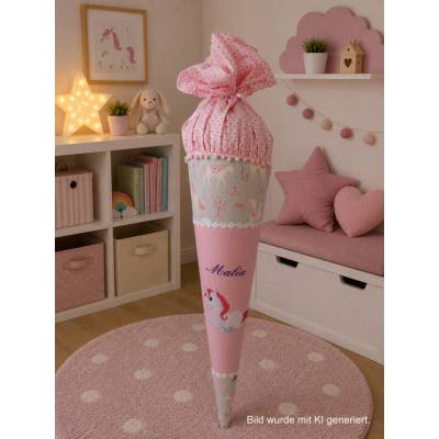 Schultüte, Zuckertüte, Einhorn auf Wunsch mit Namen und Einschulungstag bestickt  70 cm Länge