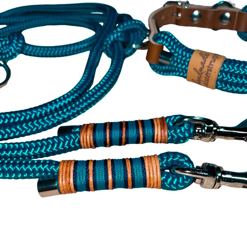 Leine Halsband Set fr groe Hunde, verstellbar, petrol, ab 30 cm Halsumfang