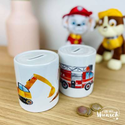 Personalisierte Spardose mit Namen und Bagger oder Feuerwehr | Geldgeschenk | Taufe | Geburtstag | Geburt | Gelddose |