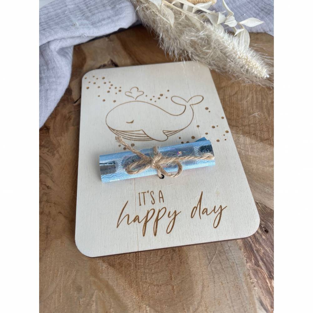 Postkarte aus Holz / Grußkarte / Holzkarte / Geldgeschenk / Karte zur Geburt Wal / Geburtstagskarte Bild 2