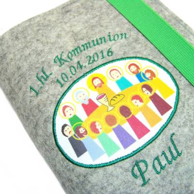 Gotteslobhülle Merino Wollfilz Filz Stickerei 1.hl. Kommunion inkl. Name + Datum + Abendmahl Aufnäher