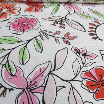 Viskose leichter Sommerstoff Blumen weiß - pink - rot(1m/10,-€)