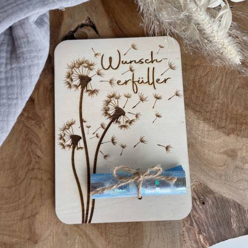 Postkarte aus Holz / Grußkarte / Holzkarte / Geldgeschenk / Wunscherfüller Geburtstagskarte Pusteblume